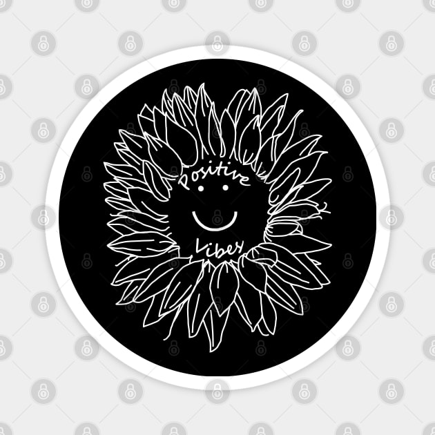 Positive Vibes Smiley Face Sunflower White Line Drawing Magnet by ellenhenryart